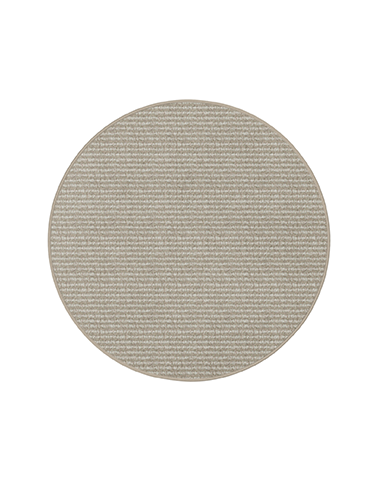 A round, flatweave rug in a brown color, designed for indoor or outdoor use.