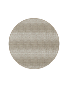 A round, flatweave rug in a brown color, designed for indoor or outdoor use.